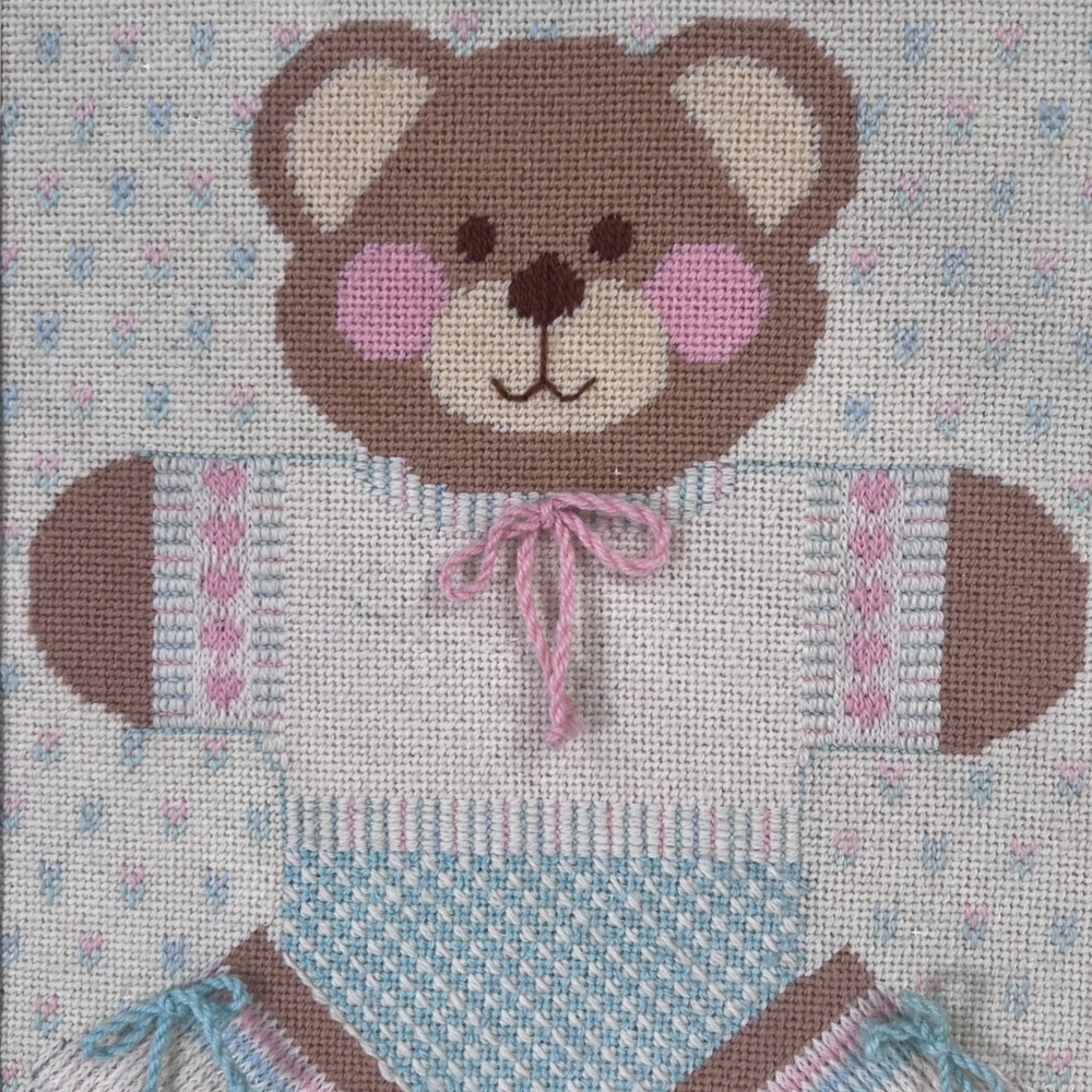 Framed Teddy Bear Needlepoint Art Pastel Nursery Decor‎ Baby Room Embroidery - Picture 2 of 8